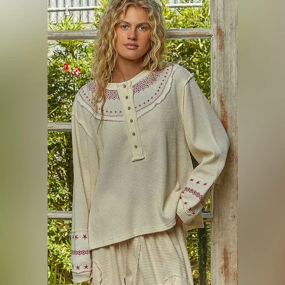 POL Cream Embroidered Waffle Knit Top - Picture 1 of 5